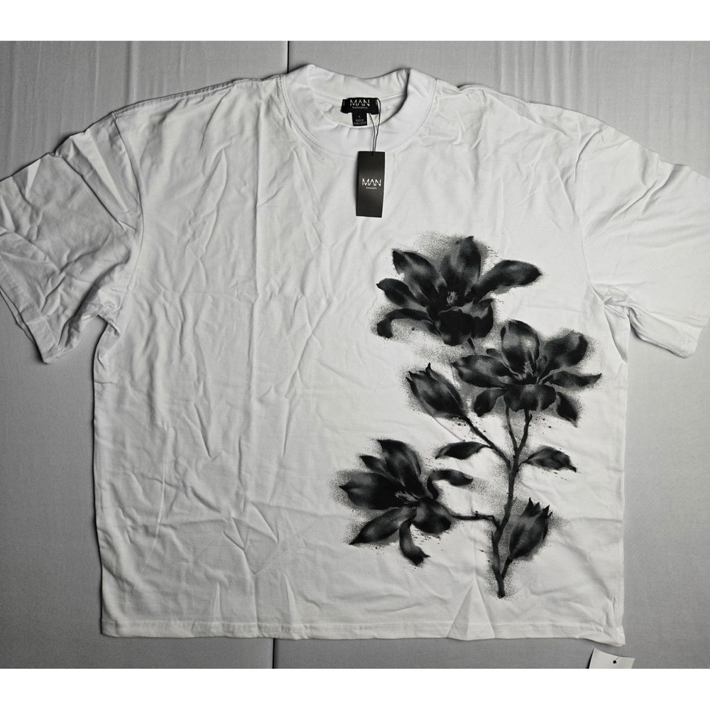 BoohooMAN Mens Oversized Boxy Blurred Floral Print T-Shirt White Large NEW